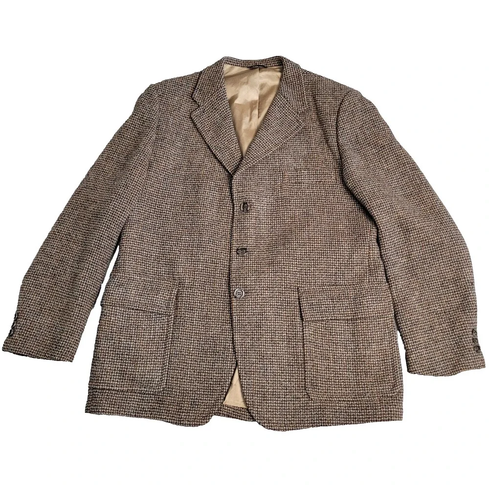 🐑Vintage 1970s Harris Tweed Blazer Men 44R Brown Houndstooth 100% Scottish Wool